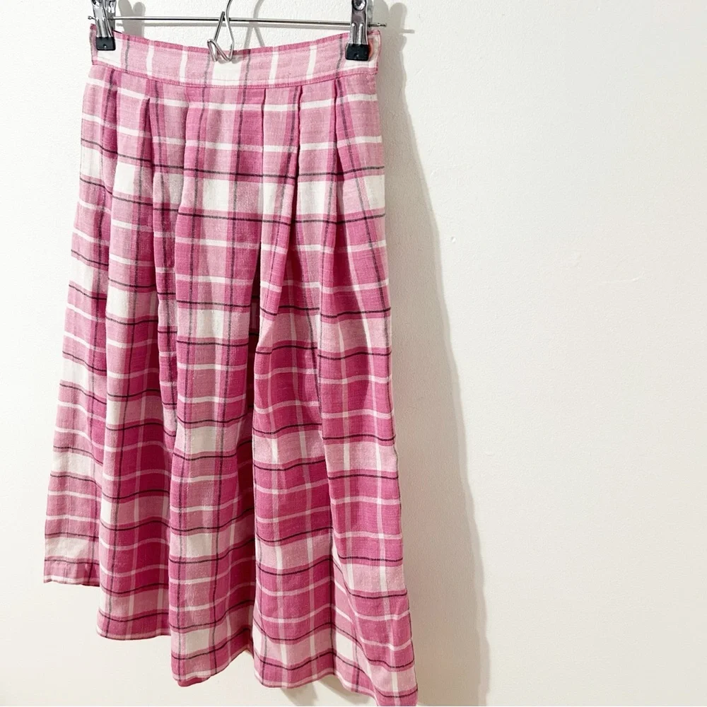 Vintage Chaus Petites Plaid Pleated Midi Skirt Banded Waist Side Button 🩷🤍🖤 - Picture 5 of 9